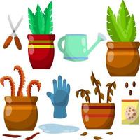 Set of domestic plants. Green and dry leaves. Equipment for care of flowers. Brown pot. Cartoon flat illustration. Watering can, farm gloves, scissors and seeds, puddle of water vector