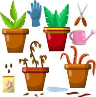 Set of domestic plants. Green and dry leaves. Equipment for care of flowers. Brown pot. Cartoon flat illustration. Watering can, farm gloves, scissors and seeds, puddle of water vector