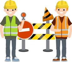 Road works. No-entry sign. barrier and fence. restricted area. Cartoon flat illustration. Two man construction workers in uniform. Closed road vector