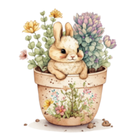 Watercolor Cute Spring Bunny in Plant Pot png