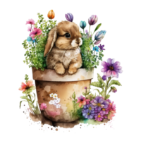 Watercolor Cute Spring Bunny in Plant Pot png