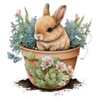 aquarelle mignonne printemps lapin dans plante pot png