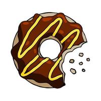 Bitten Donut with chocolate glaze. Sweet sugar dessert with icing. Outline cartoon illustration isolated on white background vector