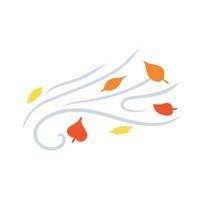 Autumn Wind. Stream of air with red and yellow leaves. Blue wavy line. Breeze and weather icon. Flat illustration. Leaf fall vector