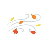 Autumn Wind. Stream of air with red and yellow leaves. Blue wavy line. Breeze and weather icon. Flat illustration. Leaf fall vector