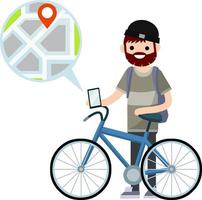 Bicycle with guy with backpack. Healthy lifestyle. Cartoon flat illustration. Urban transport. Hobby and sport. City map and navigation. Modern technology. Young boy vector