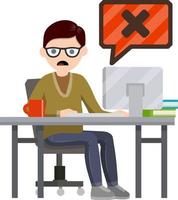 Sad office worker under stress. Man sitting at computer. error message is bug and virus. access is closed. Work for service repair. Cartoon flat illustration vector