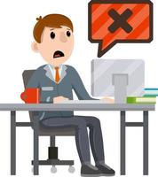 Sad office worker under stress. Man sitting at computer. error message is bug and virus. access is closed. Work for service repair. Cartoon flat illustration vector