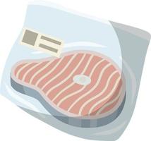 Packaging of frozen fish. Seafood and meat in package. Cartoon flat illustration. Supermarket product. Cold object vector