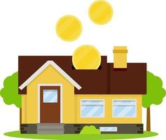 Small house. Suburban one-storey building with lawn and trees. Town and urban landscape. Savings on purchase of housing. Renting and lease. Cartoon flat illustration. Roof with gold coins vector