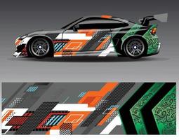 vector de diseño de envoltura de coche. Diseños de kits de fondo de carreras de franjas abstractas gráficas para envolver vehículos carrera de autos rally aventura y librea