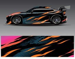 vector de diseño de envoltura de coche. Diseños de kits de fondo de carreras de franjas abstractas gráficas para envolver vehículos carrera de autos rally aventura y librea