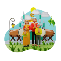 Muslim Family Praying Near Bedug 3D Character Illustration png