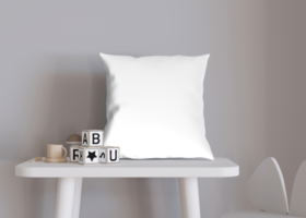 Square transparent pillow in kids room. Blank cushion case template for your graphic design presentation. Pillow cover mock up for print, pattern, personalized illustration. Close-up. 3D render, png