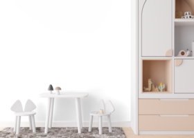 Wallpaper presentation mock up. Kids room furniture and accessories on transparent background. Copy space for wallpaper design, wall panels, photo wallpaper, print. Children room interior mockup. 3D png