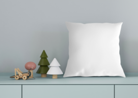 Square transparent pillow in kids room. Blank cushion case template for your graphic design presentation. Pillow cover mock up for print, pattern, personalized illustration. Close-up. 3D render, png