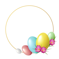 Round golden frame with Easter eggs and flowers isolated on white background. Place for text. PNG