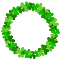 Beautiful round clover leaf frame isolated on trans background. Happy St. Patrick's day template. Good luck wish. Place for text. PNG