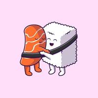 Cute Sushi Salmon Couple Hug Cartoon Vector Icons Illustration. Flat Cartoon Concept. Suitable for any creative project.