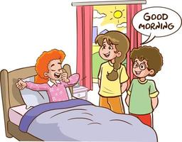 The children who wakes up and his family saying good morning vector