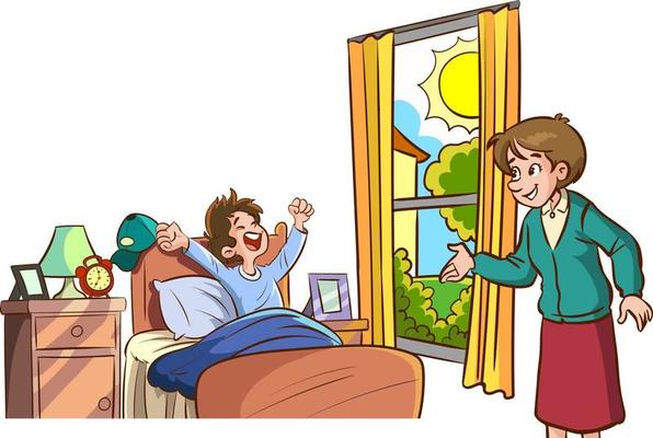 The children who wakes up and his family saying good morning