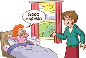 The children who wakes up and his family saying good morning vector