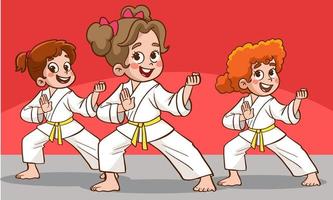 Cartoon kids training martial arts in kimono uniform. Karate or taekwondo character illustration. vector