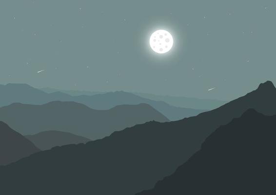 night mountains with a full moon, vector illustration.