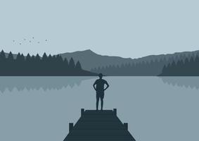 person silhouette in the lake and mountain, vector illustration.