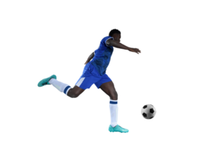 Football striker with blue team suit chases the soccerball png