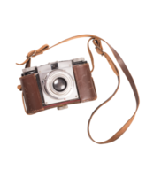 Vintage photographic machine with brown leather case and shoulder strap png