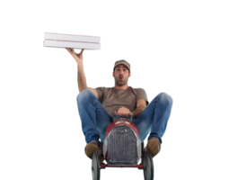 Deliveryman runs fast with a toy car to deliver pizza png