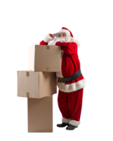 Pensive  santa claus thinks about the delivery of christmas boxes png