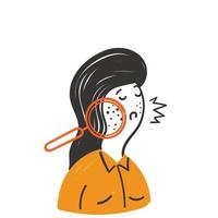 hand drawn doodle woman looking acne on skin face with magnifying glass illustration vector