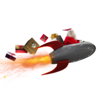 santa claus delivers gifts with a fast space rocket png