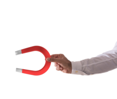 Hand holds a big red magnet. concept of attraction png