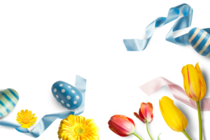 Easter decorations with eggs, flowers and blue ribbons png