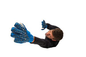 Soccer goalkeeper jumps to defend his team during a football game png