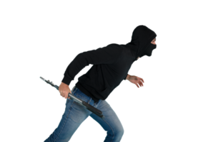 Thief with balaclava acts in silence to steal apartments with wire cutters in hand png
