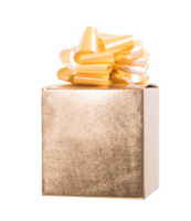 Big gift box decorated with golden paper and bow png