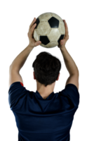 fechar acima do uma futebol açao cena com futebol jogador lança uma bola de futebol png