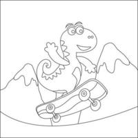 Vector illustration of surfing time with cute little dinosaurs at summer. Childish design for kids activity colouring book or page.