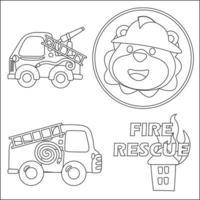 Fire rescue team with funny firefighter, vector cartoon, Cartoon isolated vector illustration, Creative vector Childish design for kids activity colouring book or page.