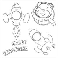 espacio león o astronauta en un espacio traje con dibujos animados estilo, gracioso pequeño espacio explorador. creativo vector infantil diseño para niños actividad colorante libro o página.