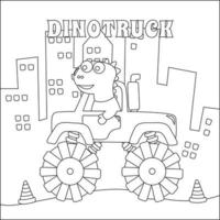 Vector illustration of monster truck with cute dinosaur driver. Cartoon isolated vector illustration, Creative vector Childish design for kids activity colouring book or page.