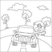 vector illustration of cute  little animal on a road trip, Creative vector Childish design for kids activity colouring book or page.