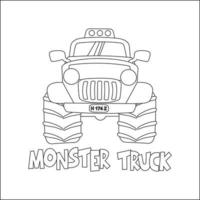 Vector illustration of monster truck with cartoon style. Cartoon isolated vector illustration, Creative vector Childish design for kids activity colouring book or page.