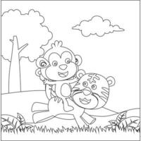 Cartoon wild animals concept, happy little animal in the jungle. Childish design for kids activity colouring book or page. vector