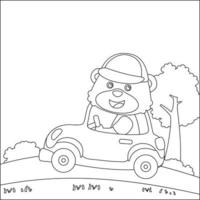 Cute little animal  driving a car go to forest funny animal cartoon. Childish design for kids activity colouring book or page. vector