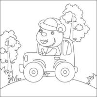 Cute little animal  driving a car go to forest funny animal cartoon. Childish design for kids activity colouring book or page. vector